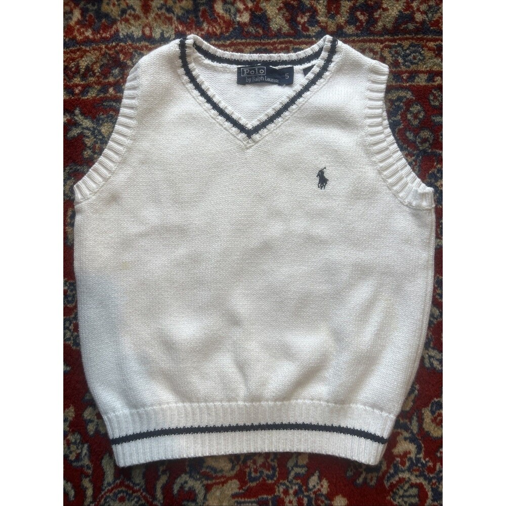Polo Ralph Lauren Sweater Vest Boys 5 White Knit V Neck Academic Holidays